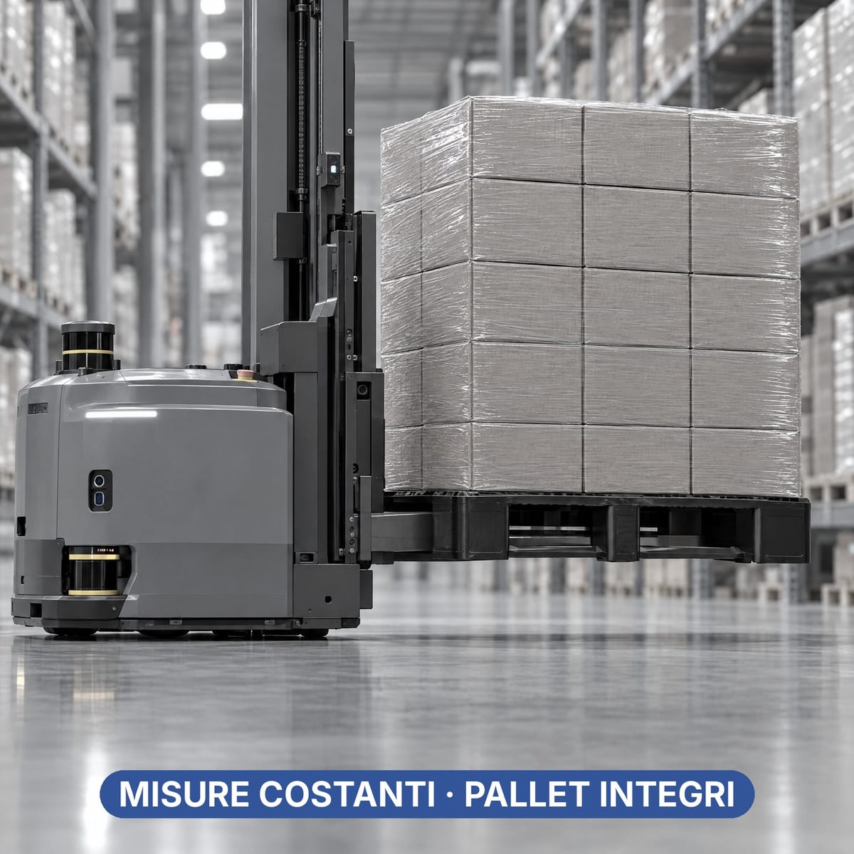 Carrello AGV a forche che preleva un pallet in plastica in un corridoio di magazzino