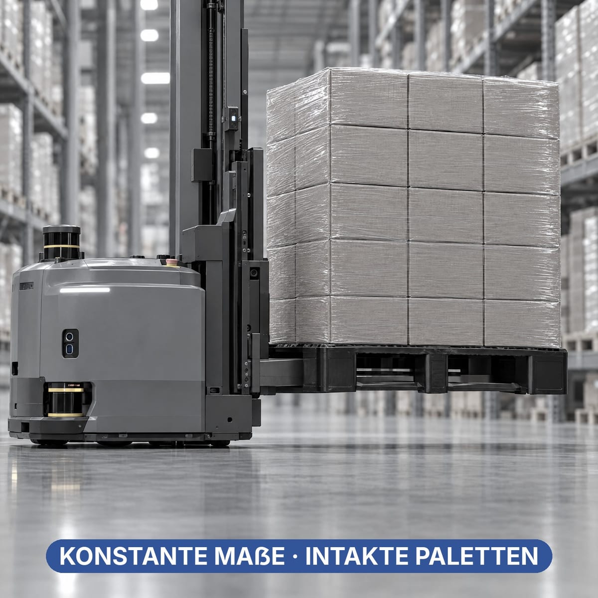 Gabel-FTS nimmt in einem Lagergang eine Kunststoffpalette auf