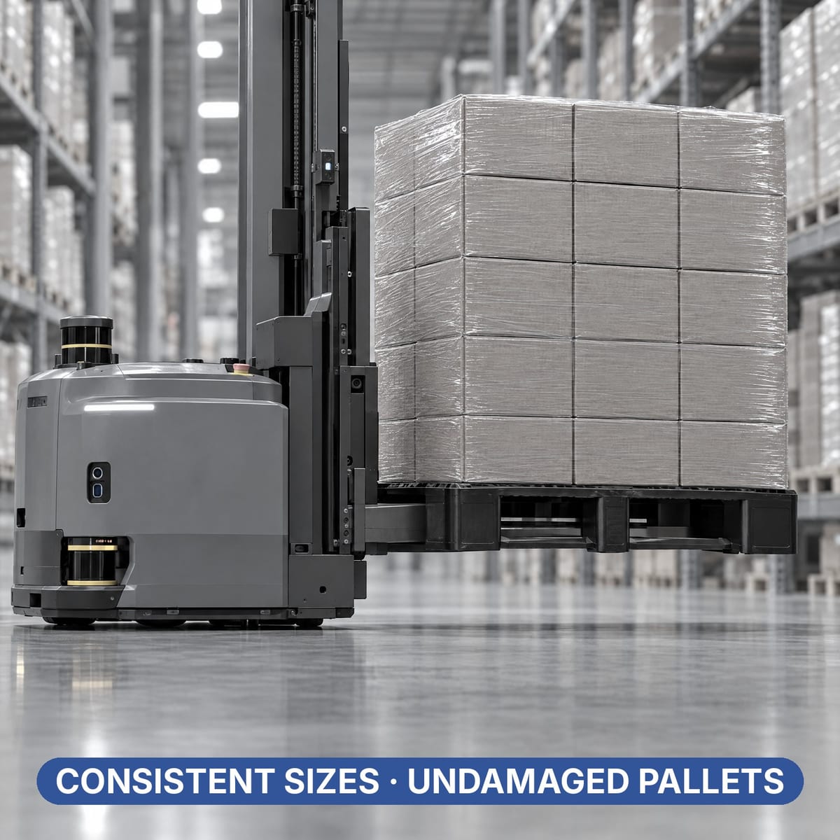 Fork AGV picking up a plastic pallet in a warehouse aisle