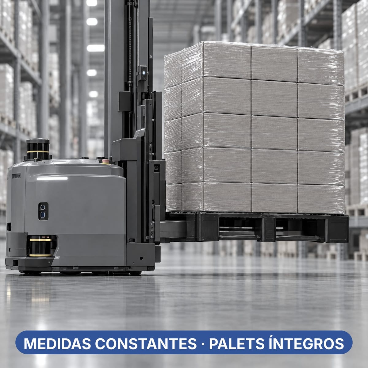AGV de horquillas cogiendo un palet de plástico en un pasillo de almacén