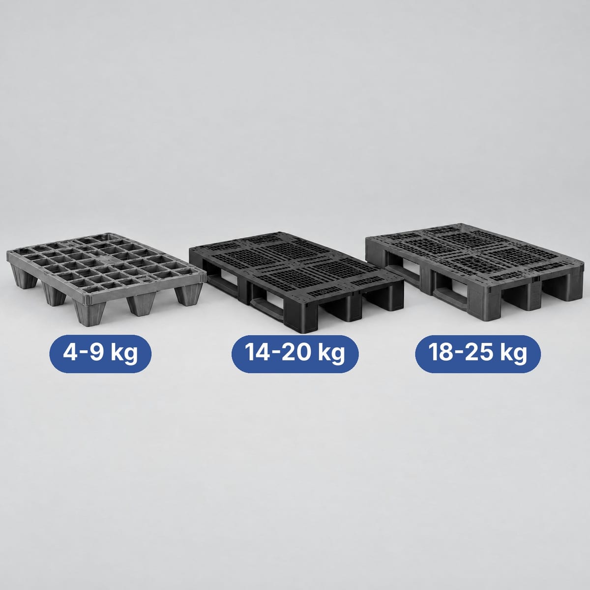 Three plastic pallets side by side: light nestable, medium reinforced and heavy with runners