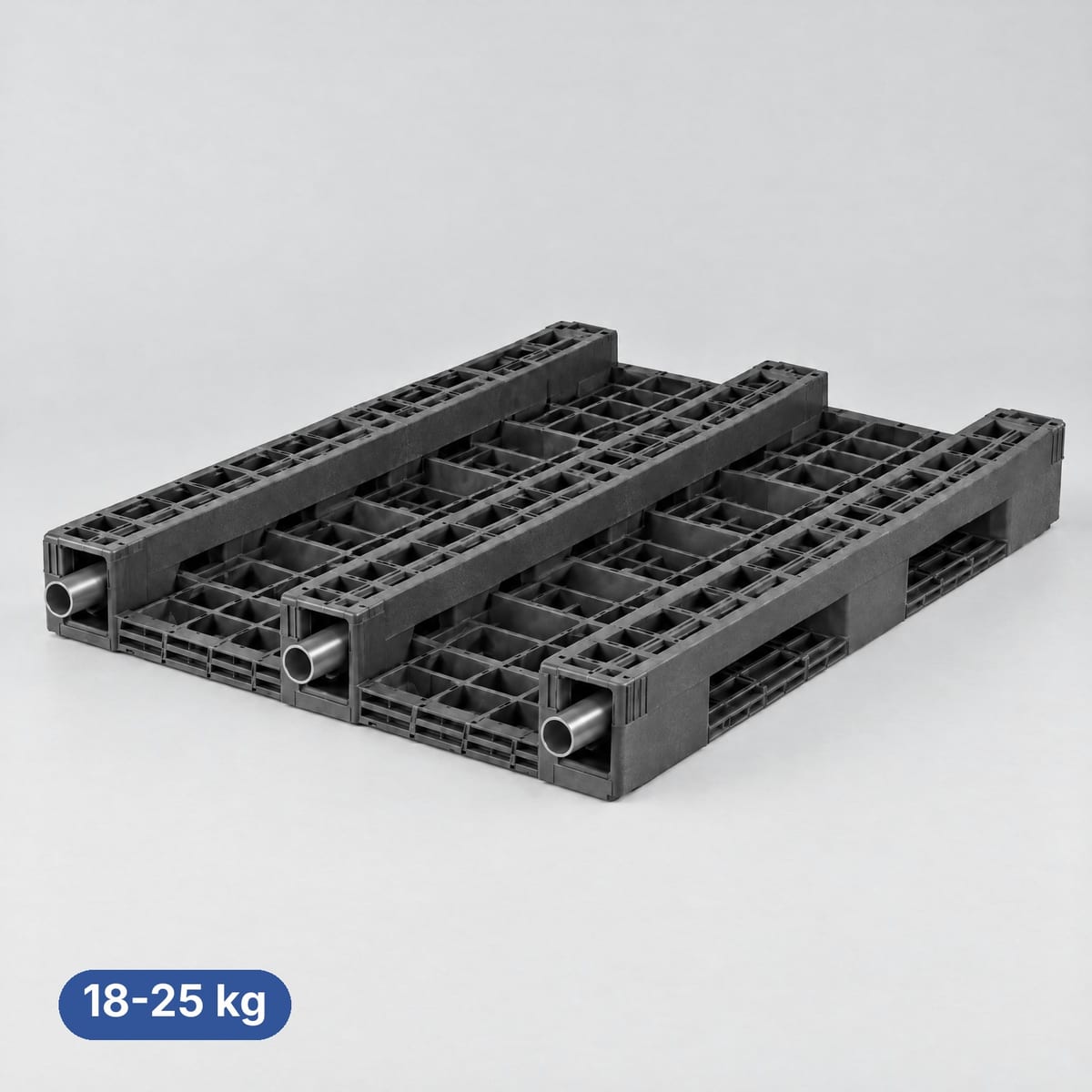 Heavy plastic pallet seen from below with three runners and steel profiles