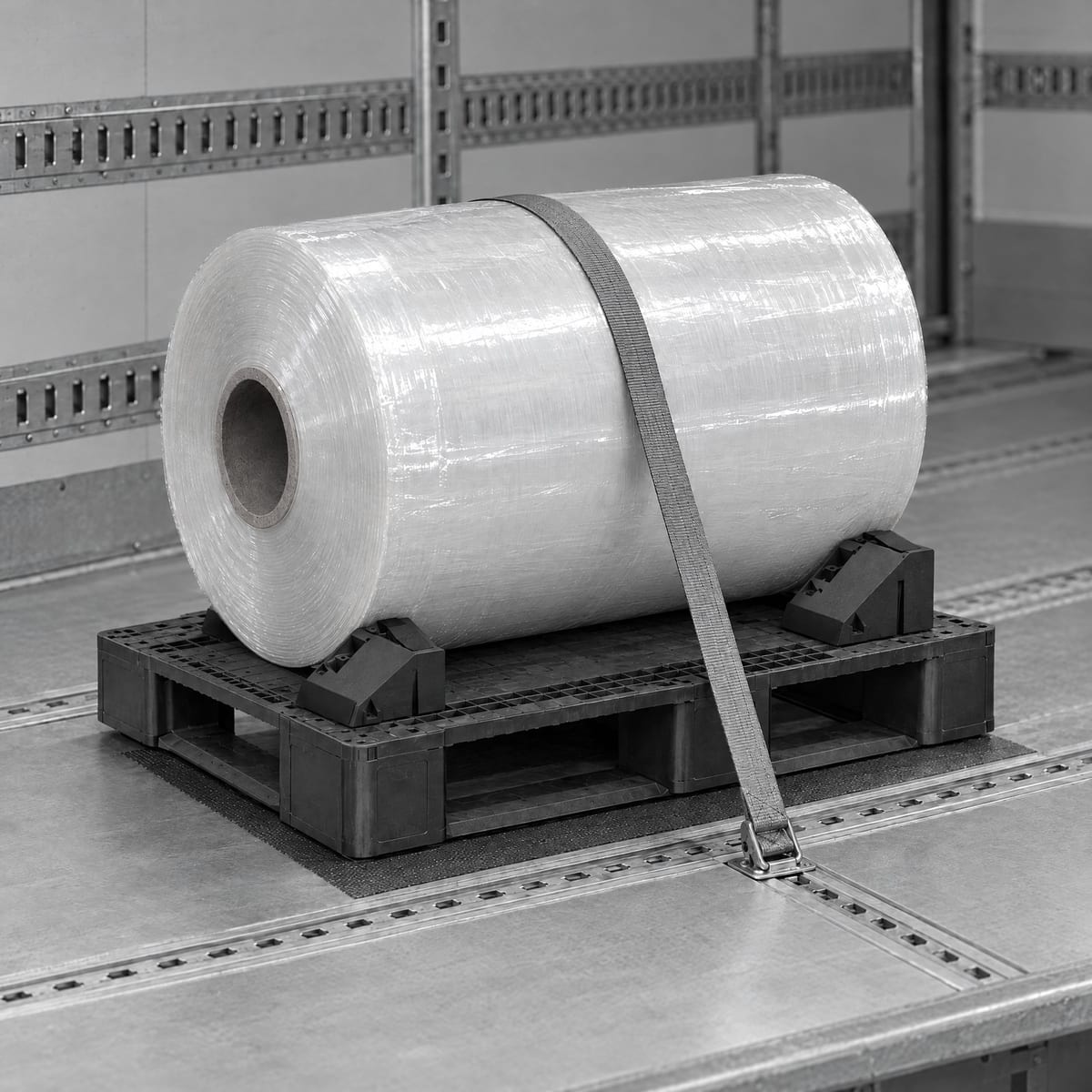 Reel on a plastic pallet held by chocks with rubber pads, with an anti-slip mat on the truck bed