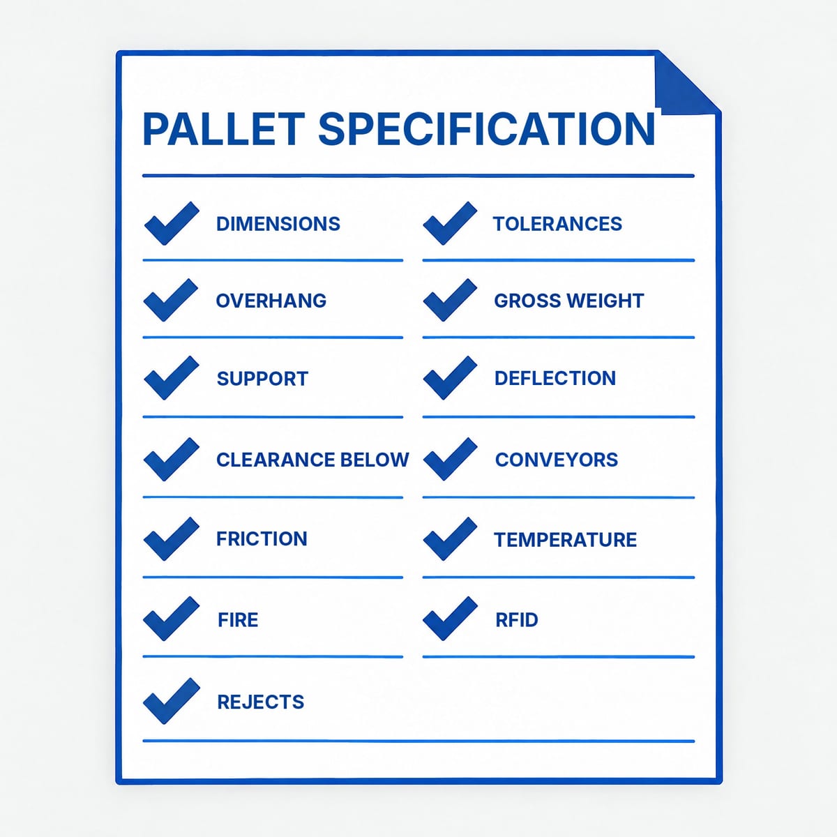 Checklist for the pallet specification to send to the automated warehouse integrator
