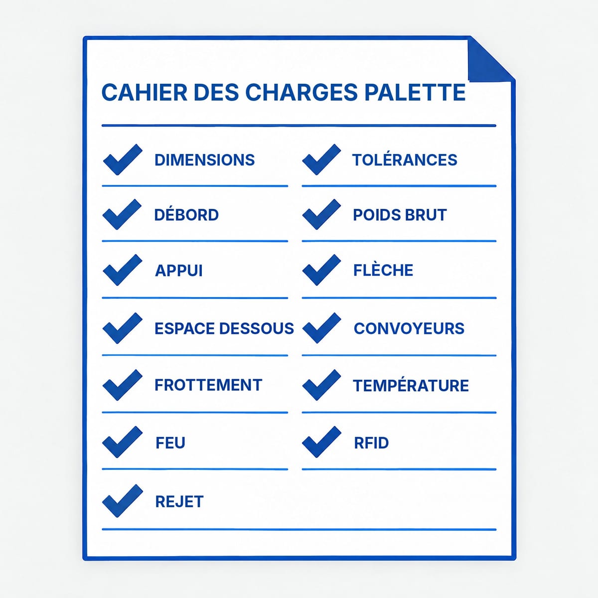 Liste de contrôle du cahier des charges palette à envoyer à l'intégrateur de l'entrepôt automatisé