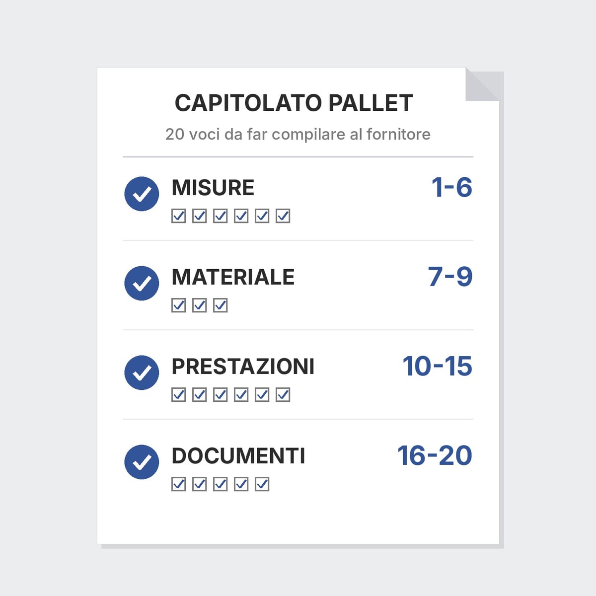 Foglio di capitolato pallet in plastica con venti voci divise in quattro gruppi