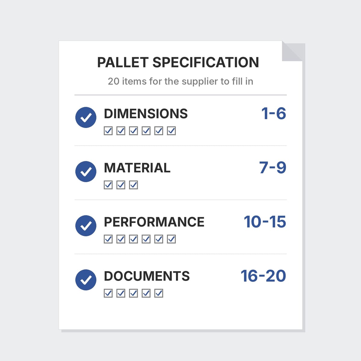 Plastic pallet specification sheet with twenty points in four groups