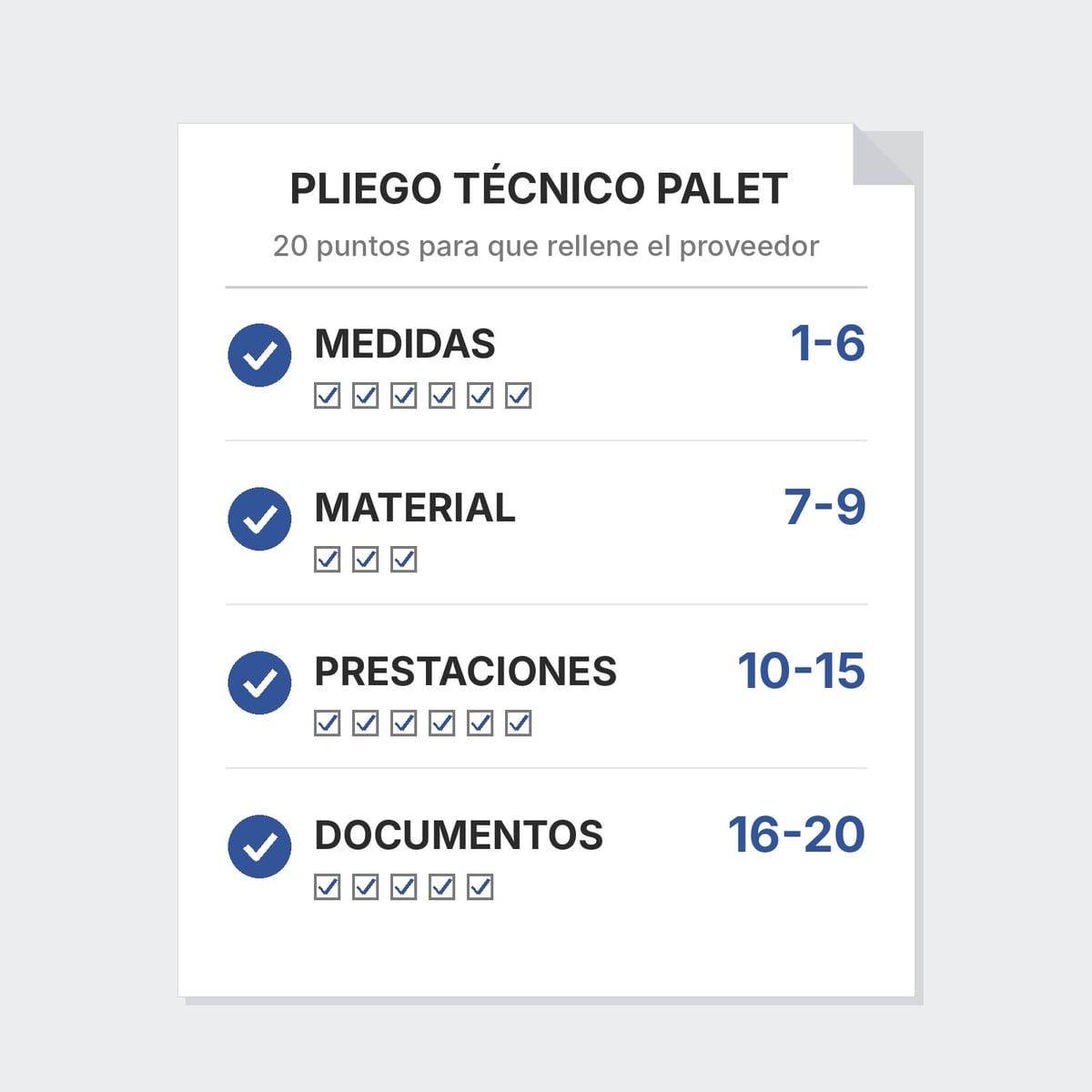 Hoja de pliego técnico de palets de plástico con veinte puntos divididos en cuatro grupos