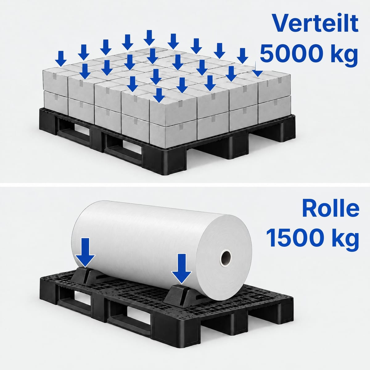 Schema derselben Palette ROLL PP69 mit 5.000 kg verteilter Last und mit einer Rolle in einer Mulde mit 1.500 kg