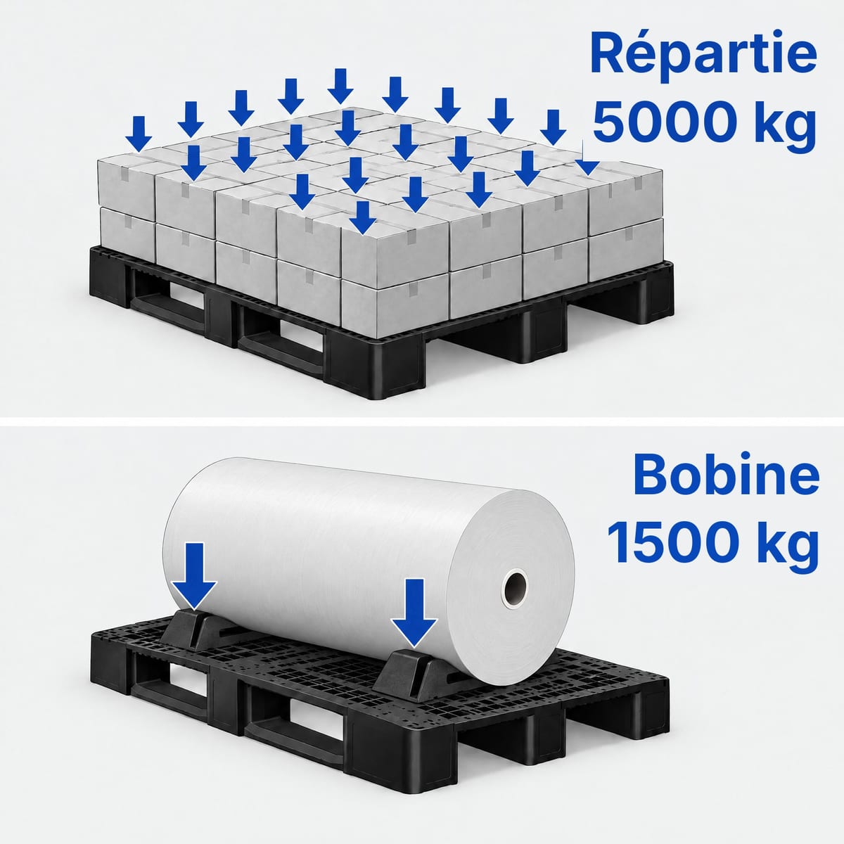 Schéma de la même palette ROLL PP69 avec une charge répartie de 5 000 kg et avec une bobine sur berceau de 1 500 kg