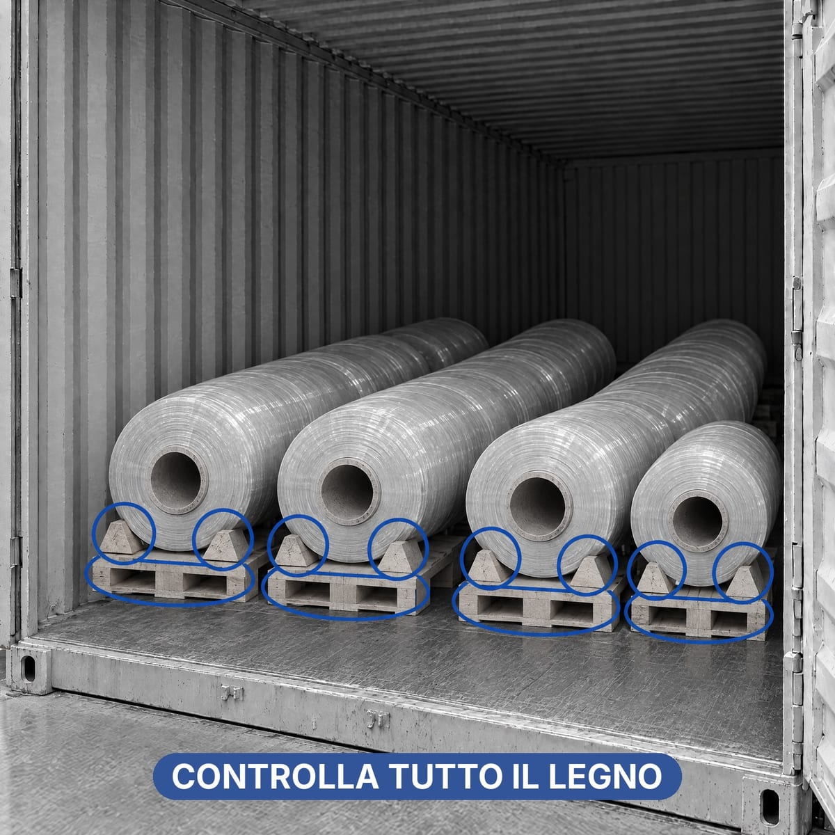 Carico di bobine in container con tutti gli elementi in legno evidenziati da controllare per ISPM 15