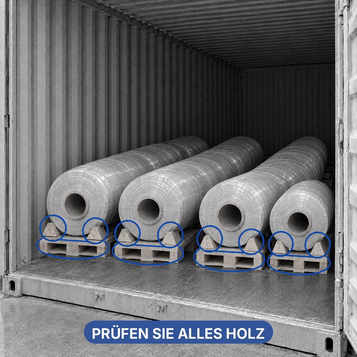 Rollenladung im Container, alle für ISPM 15 zu prüfenden Holzteile hervorgehoben