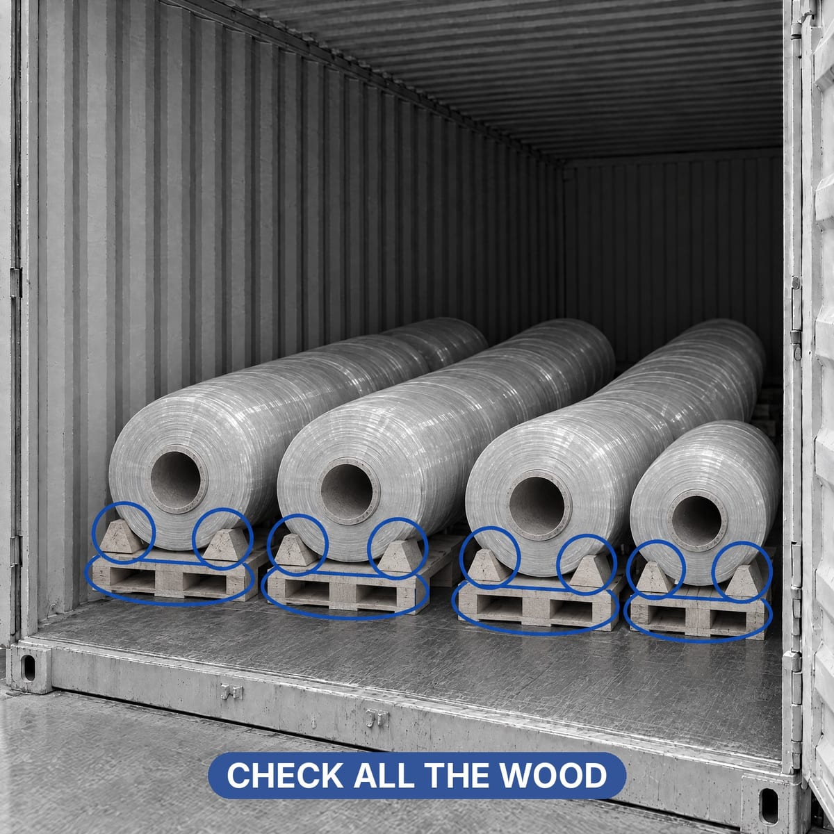 Reel load in a container with every wooden item highlighted for ISPM 15 checks