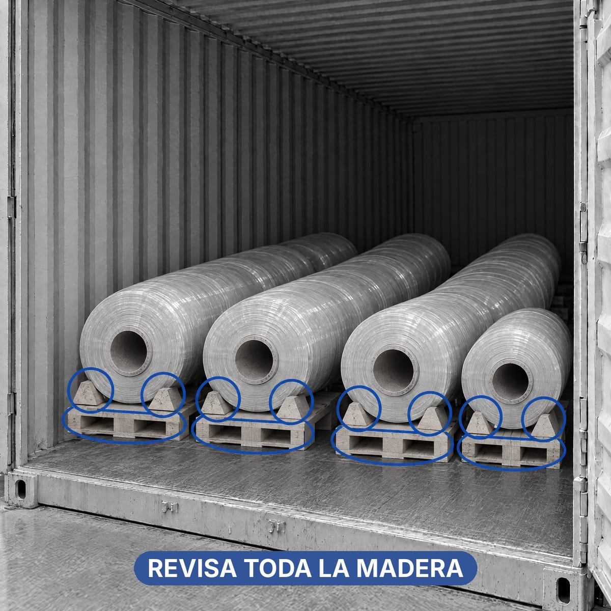 Carga de bobinas en contenedor con todos los elementos de madera que hay que revisar para la NIMF 15 destacados