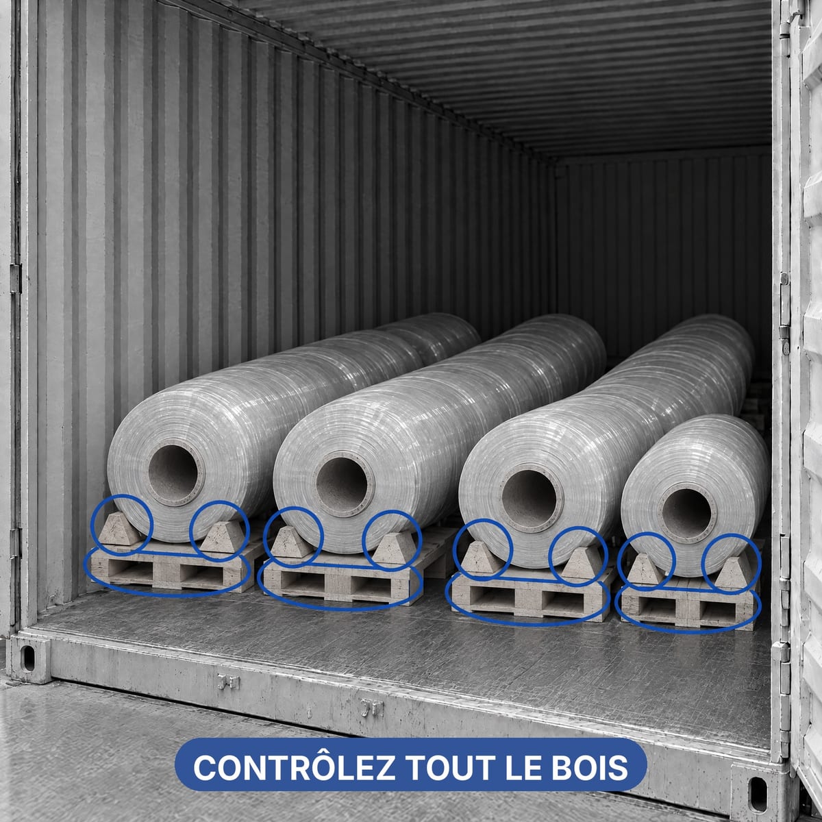 Chargement de bobines en conteneur avec tous les éléments en bois à contrôler pour la NIMP 15 mis en évidence