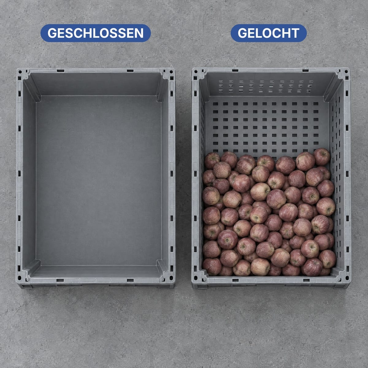 Kunststoff-Palettenbox mit geschlossenen Wänden und gelochte Box nebeneinander, von oben gesehen