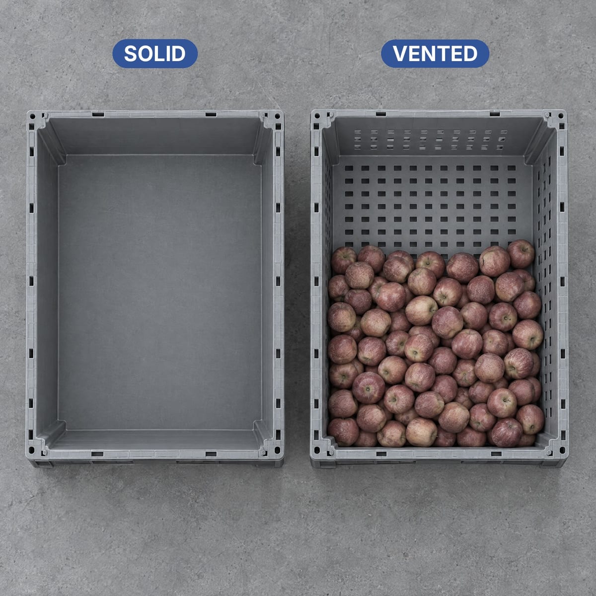 Solid-walled plastic pallet box and vented box side by side, seen from above