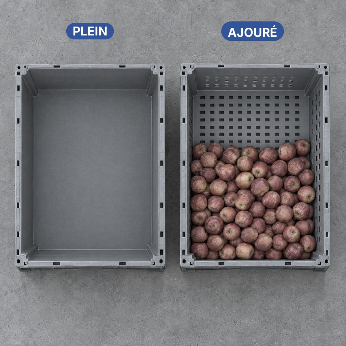 Caisse-palette plastique à parois pleines et caisse ajourée côte à côte, vues de dessus