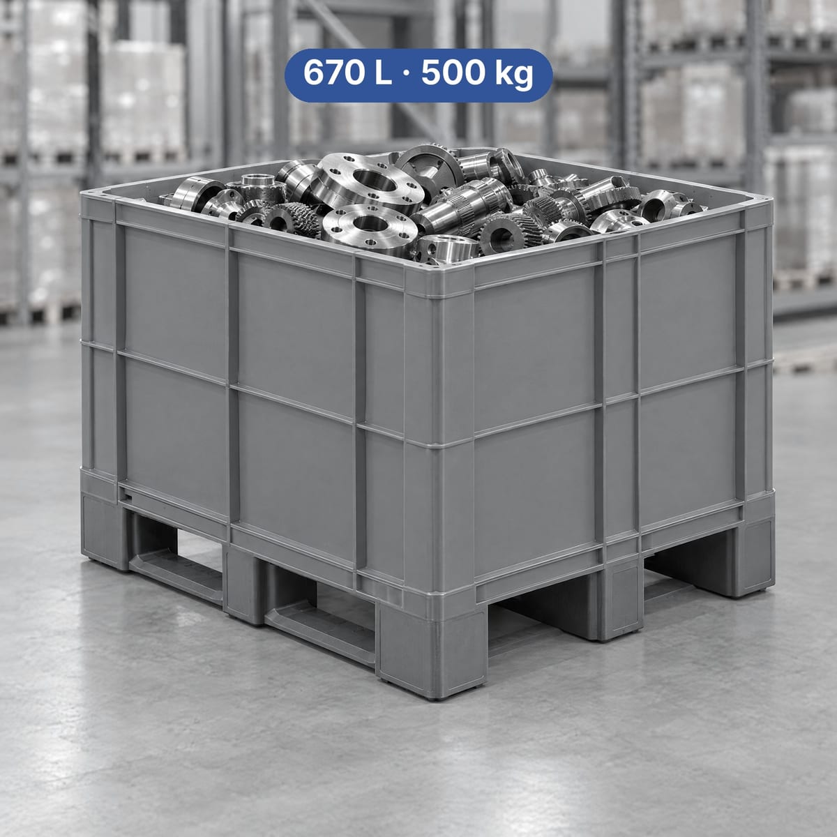 1200×1000 plastic pallet box full of parts on three runners, in a warehouse