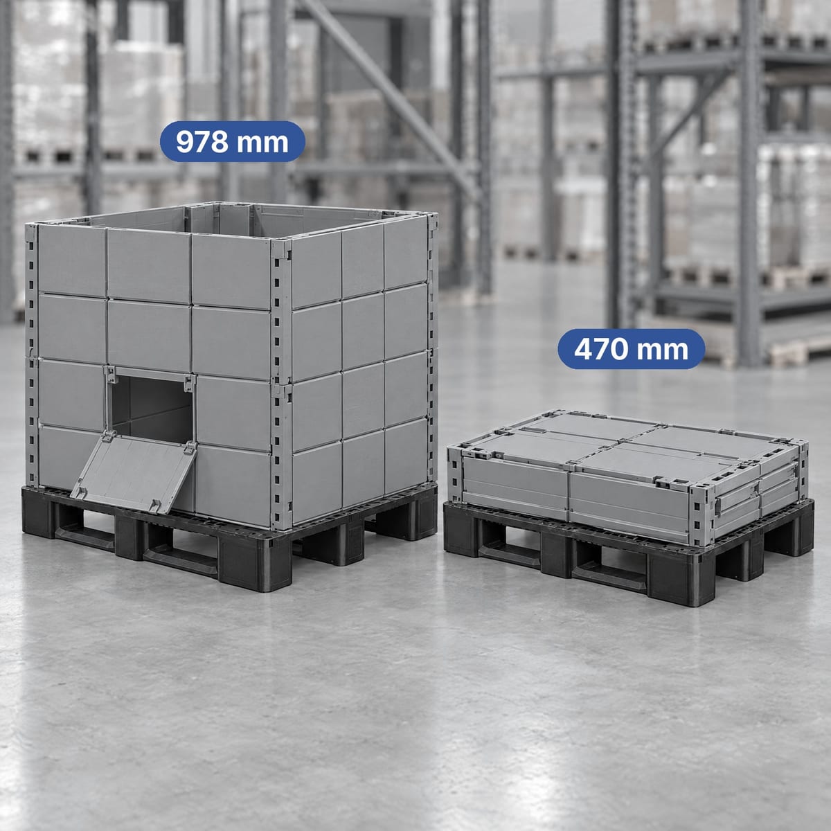 Collapsible plastic pallet box open and the same box folded, side by side