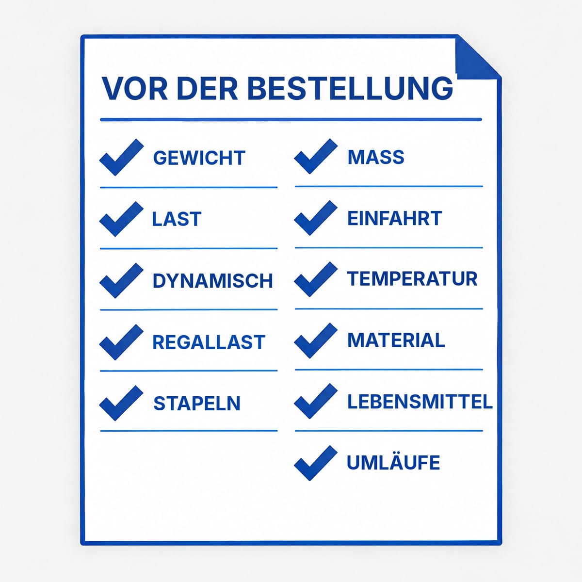Checkliste als senkrechte Karten mit den elf Prüfpunkten vor der Bestellung von Kunststoffpaletten