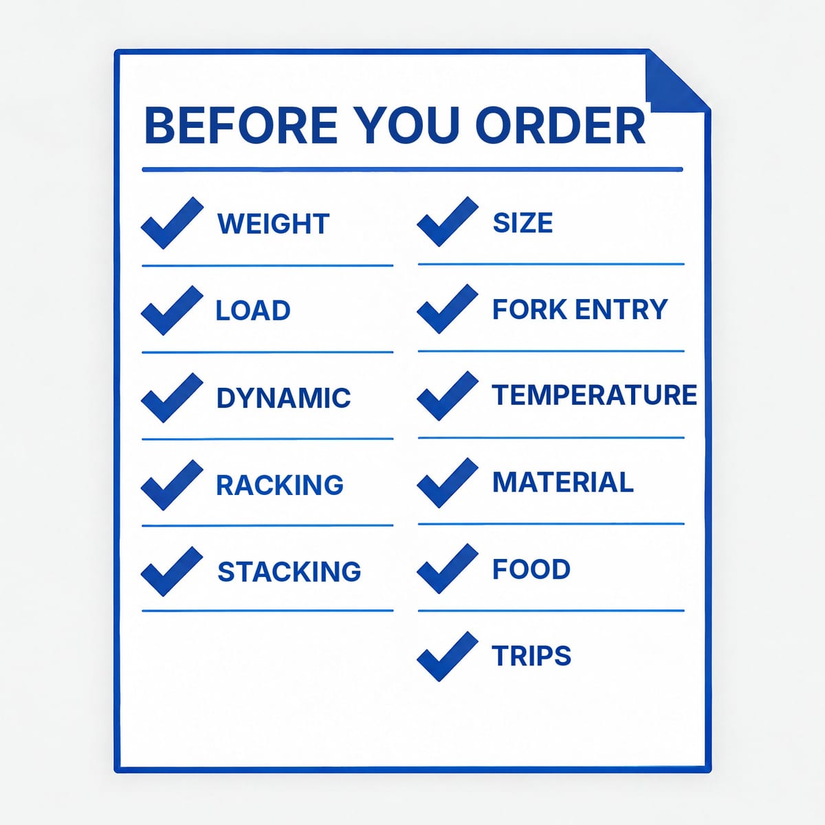Checklist on vertical cards with the eleven checks before ordering plastic pallets