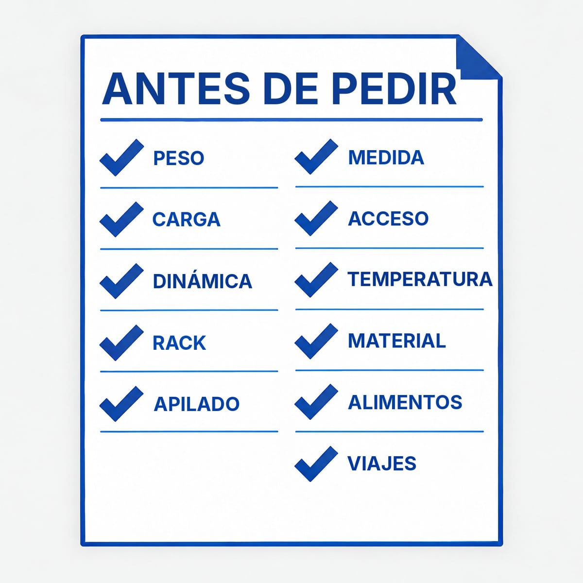 Checklist en fichas verticales con los once controles antes de pedir palets de plástico
