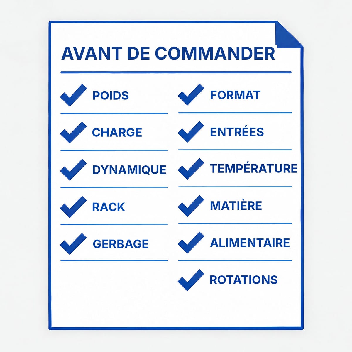 Check-list en fiches verticales avec les onze contrôles avant de commander des palettes plastique