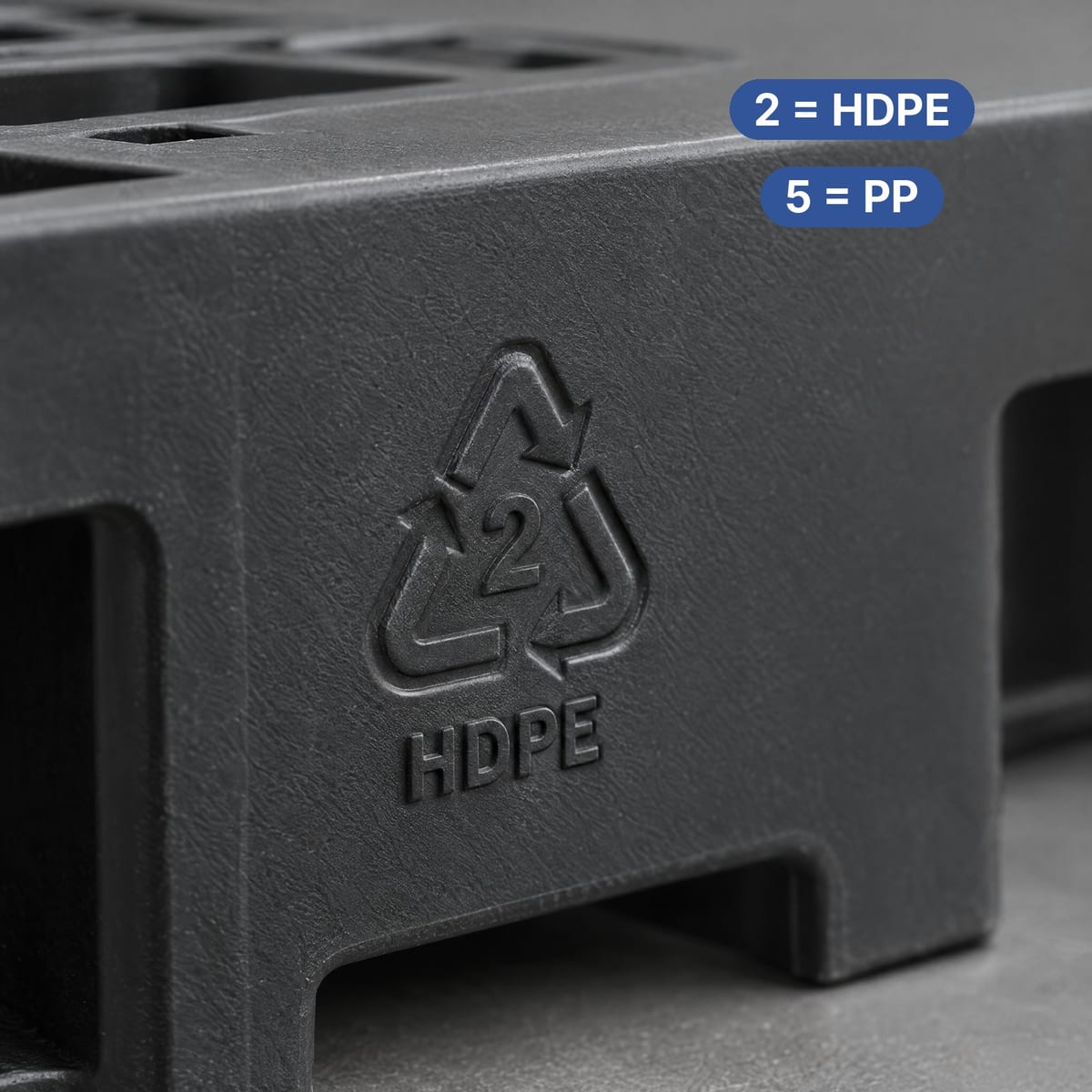 Plastic identification codes moulded on pallets: 2 HDPE and 5 PP