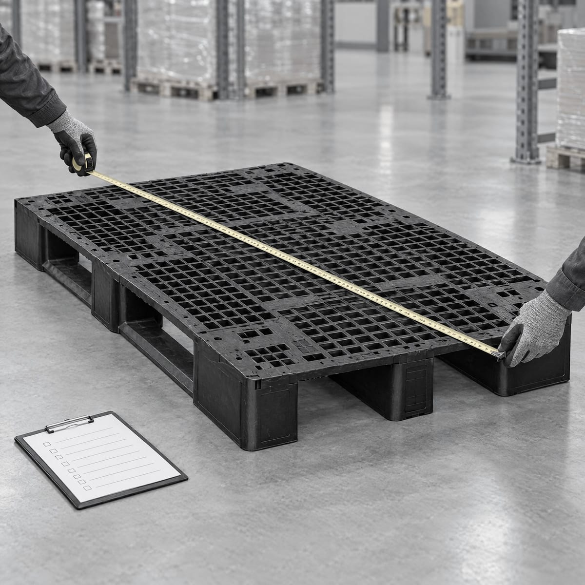 Operator measuring a plastic pallet with a tape measure at goods-in