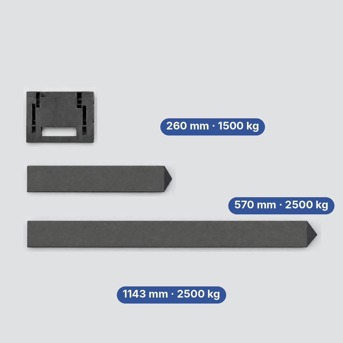 ROLL roll chocks in three lengths side by side: 260, 570 and 1143 millimetres