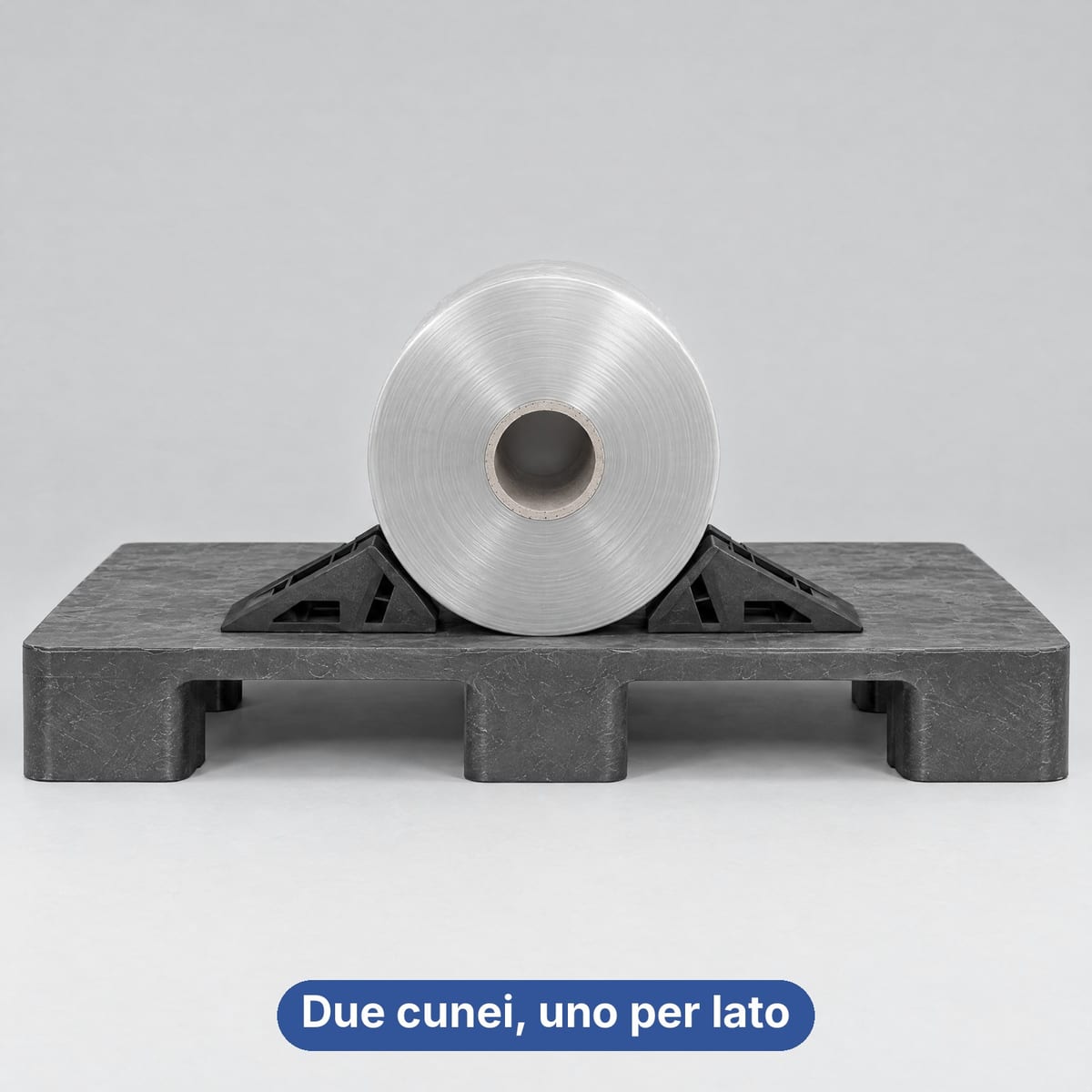 Bobina di film su pallet piano bloccata da due cunei ferma bobine in plastica, uno per lato