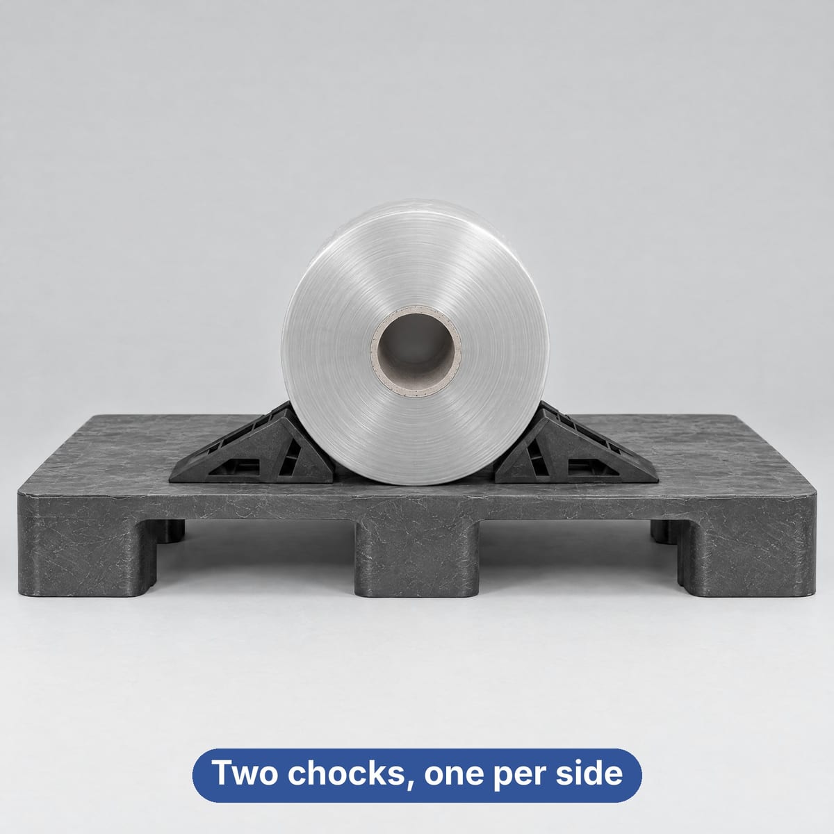 Film reel on a flat pallet held by two plastic roll chocks, one on each side