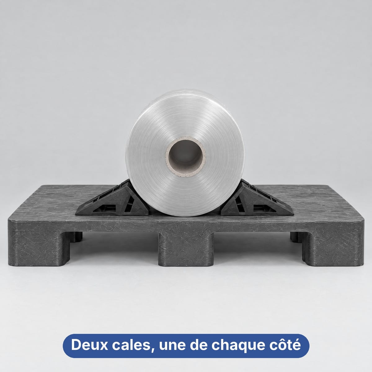 Bobine de film sur palette plate bloquée par deux cales en plastique, une de chaque côté