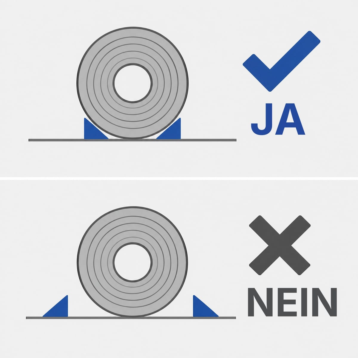 Schema der richtigen Lage von Rollenkeilen: schräge Fläche am Umfang, nahe am Aufstandspunkt