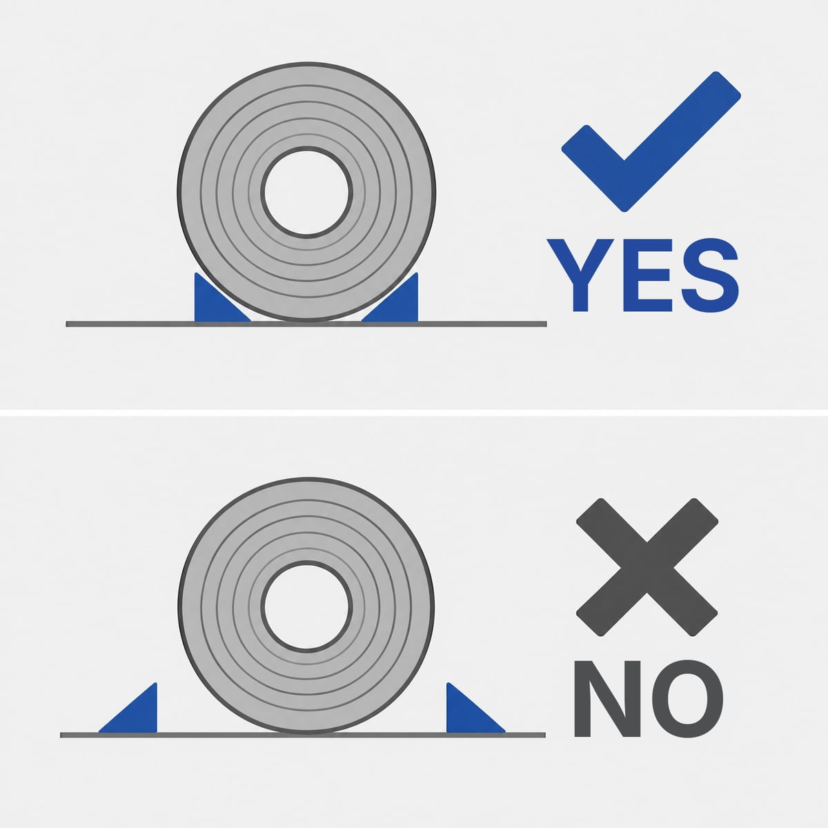 Diagram of correct roll chock placement: sloping face against the circumference close to the contact point