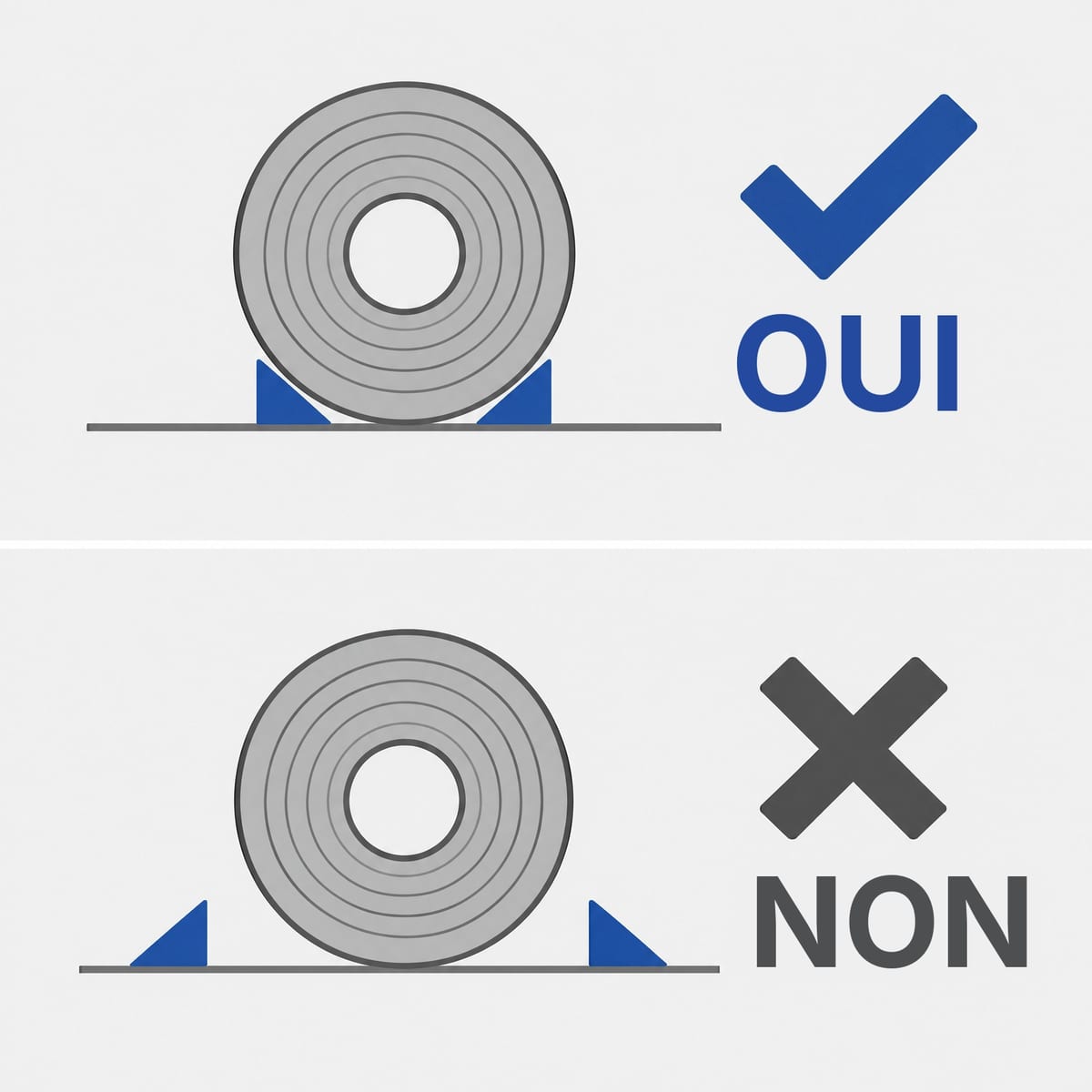 Schéma de la position correcte des cales pour bobines : face inclinée contre la circonférence près du point d'appui