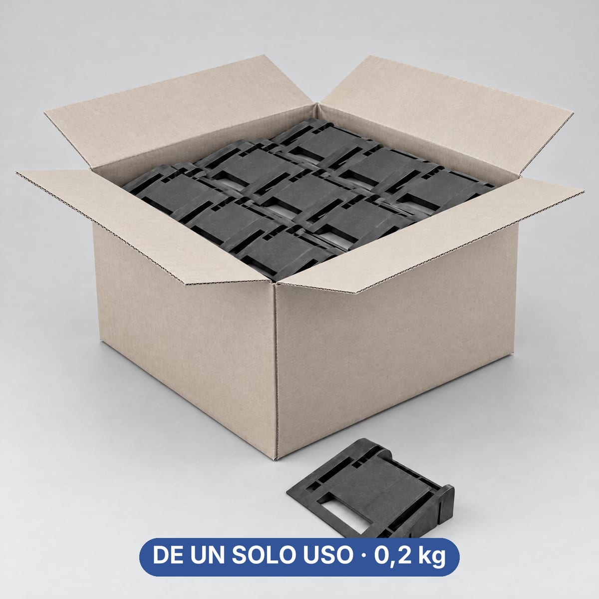 Calzos para bobinas ROLL KU10 de un solo uso, de PP reciclado, en una caja abierta