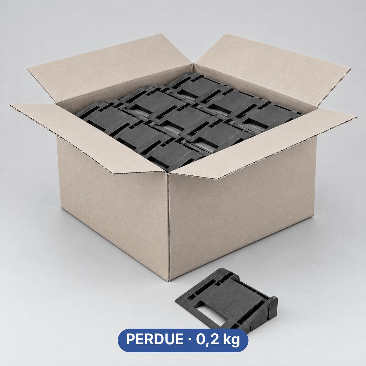 Cales pour bobines ROLL KU10 à usage unique en PP recyclé dans un carton ouvert