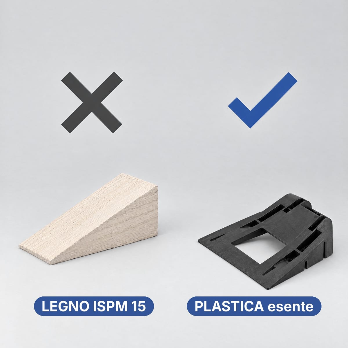 Cuneo in legno e cuneo in plastica ferma bobine affiancati, a confronto per l'export