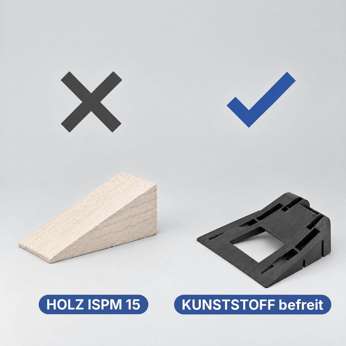 Holzkeil und Kunststoff-Rollenkeil nebeneinander, im Vergleich für den Export