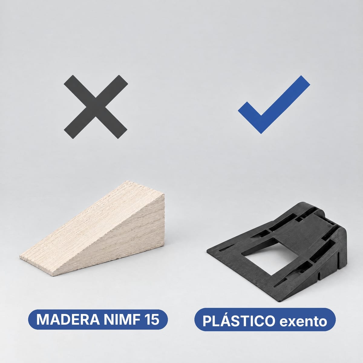 Calzo de madera y calzo de plástico para bobinas, uno junto a otro, comparados para la exportación