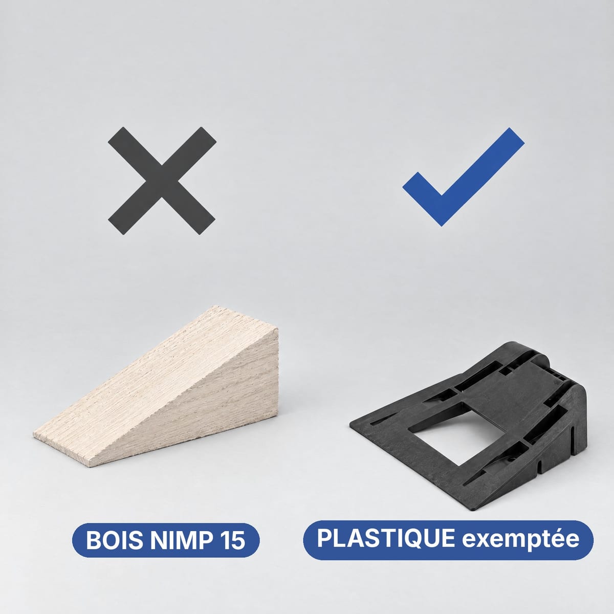 Cale en bois et cale en plastique pour bobines côte à côte, comparées pour l'export