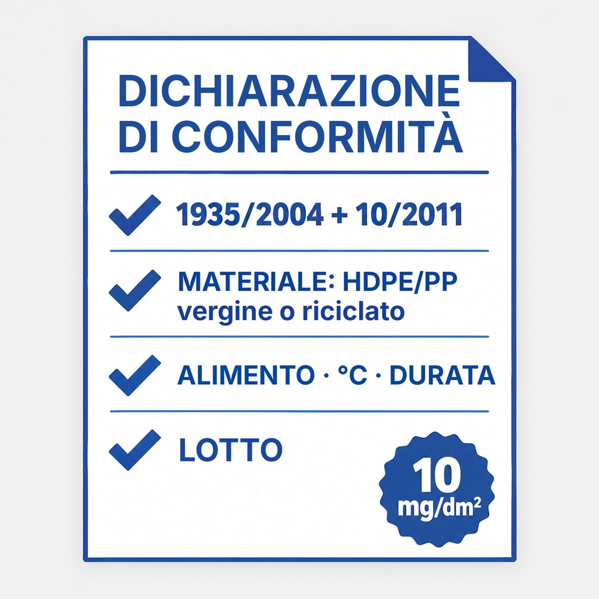Schema della dichiarazione di conformità di un pallet per alimenti con i quattro dati da chiedere al fornitore