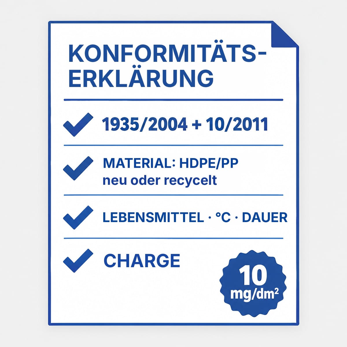 Schema der Konformitätserklärung einer Lebensmittelpalette mit den vier Angaben, die Sie beim Lieferanten anfragen
