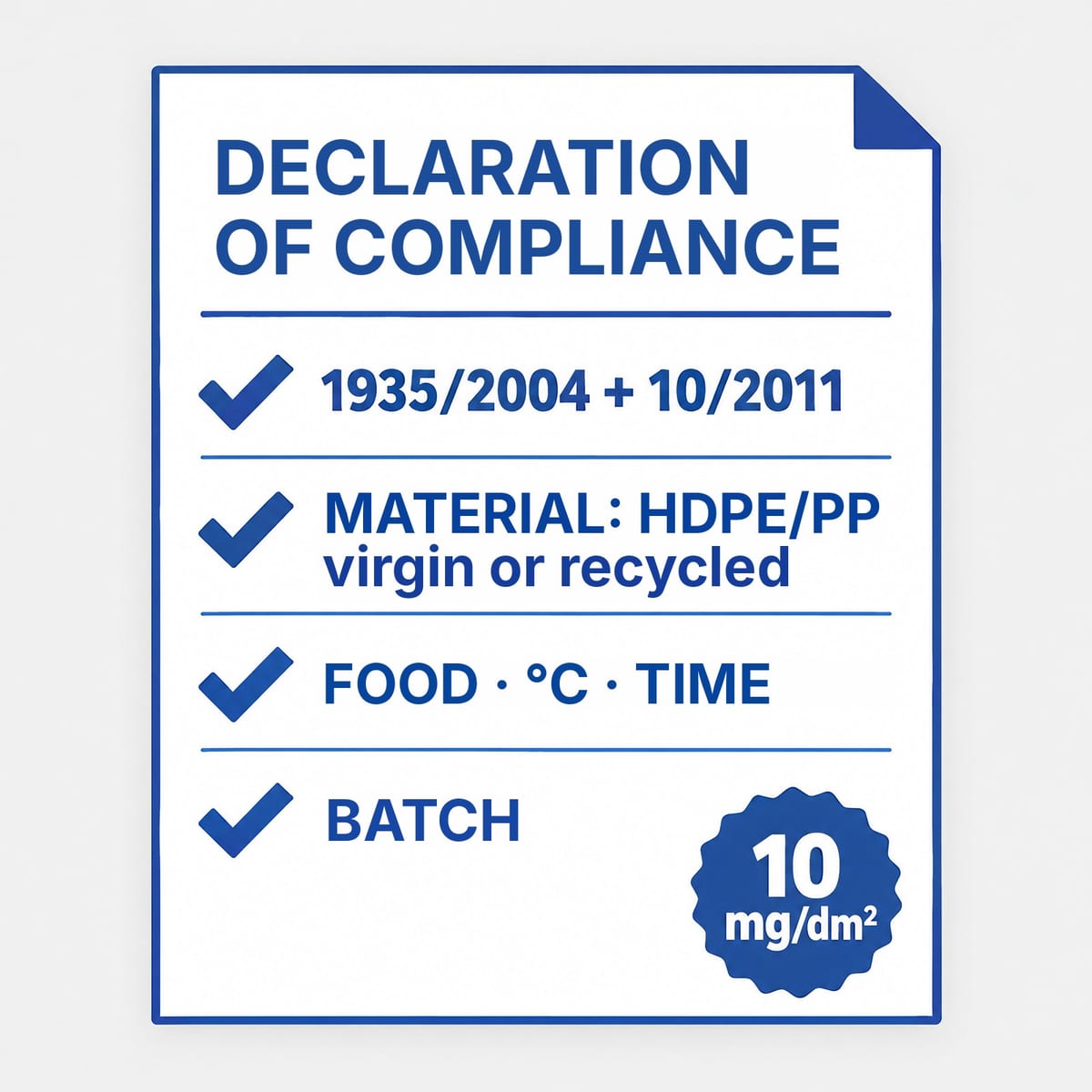 Diagram of the declaration of compliance for a food pallet, with the four items to ask the supplier for