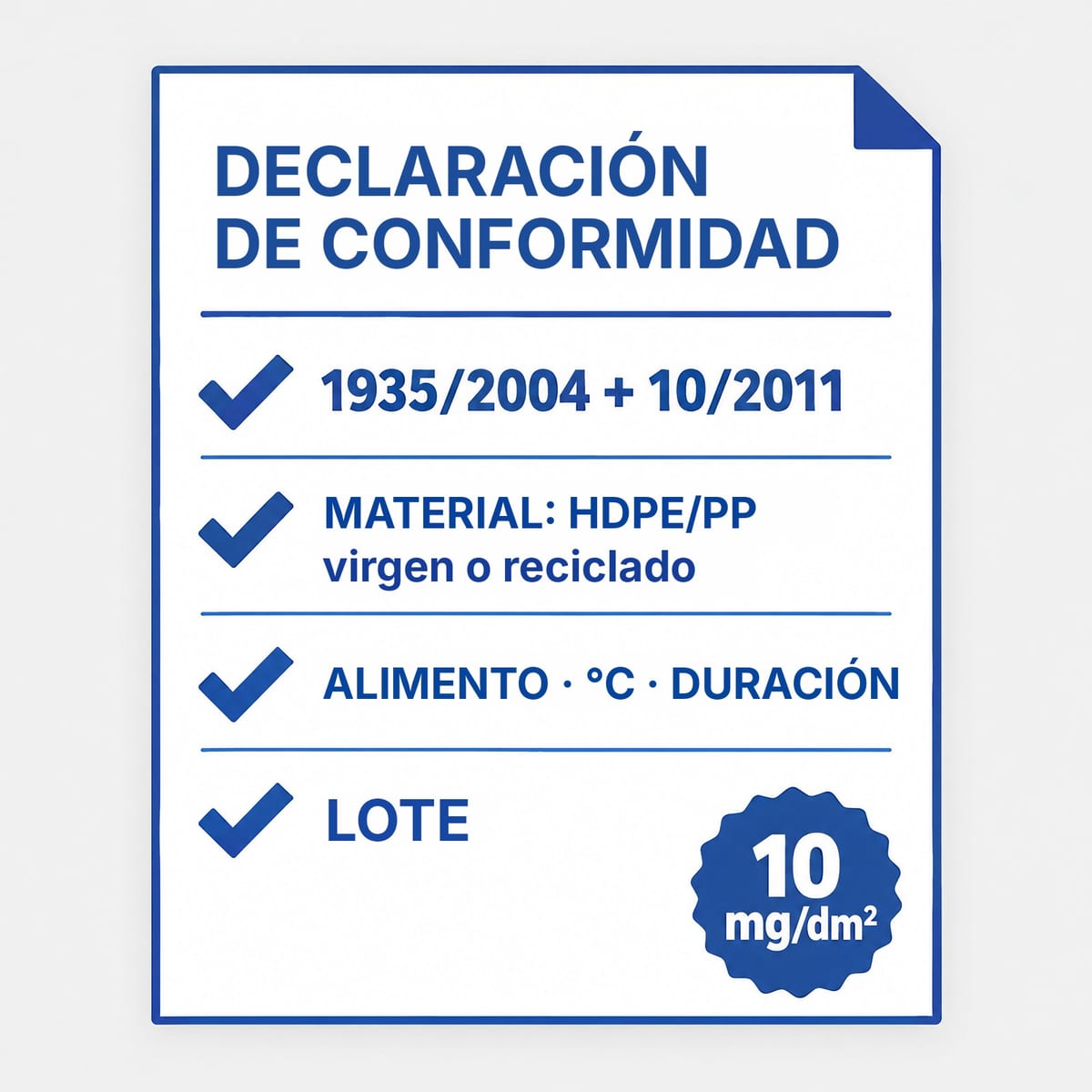Esquema de la declaración de conformidad de un palet para alimentos con los cuatro datos que hay que pedir al proveedor