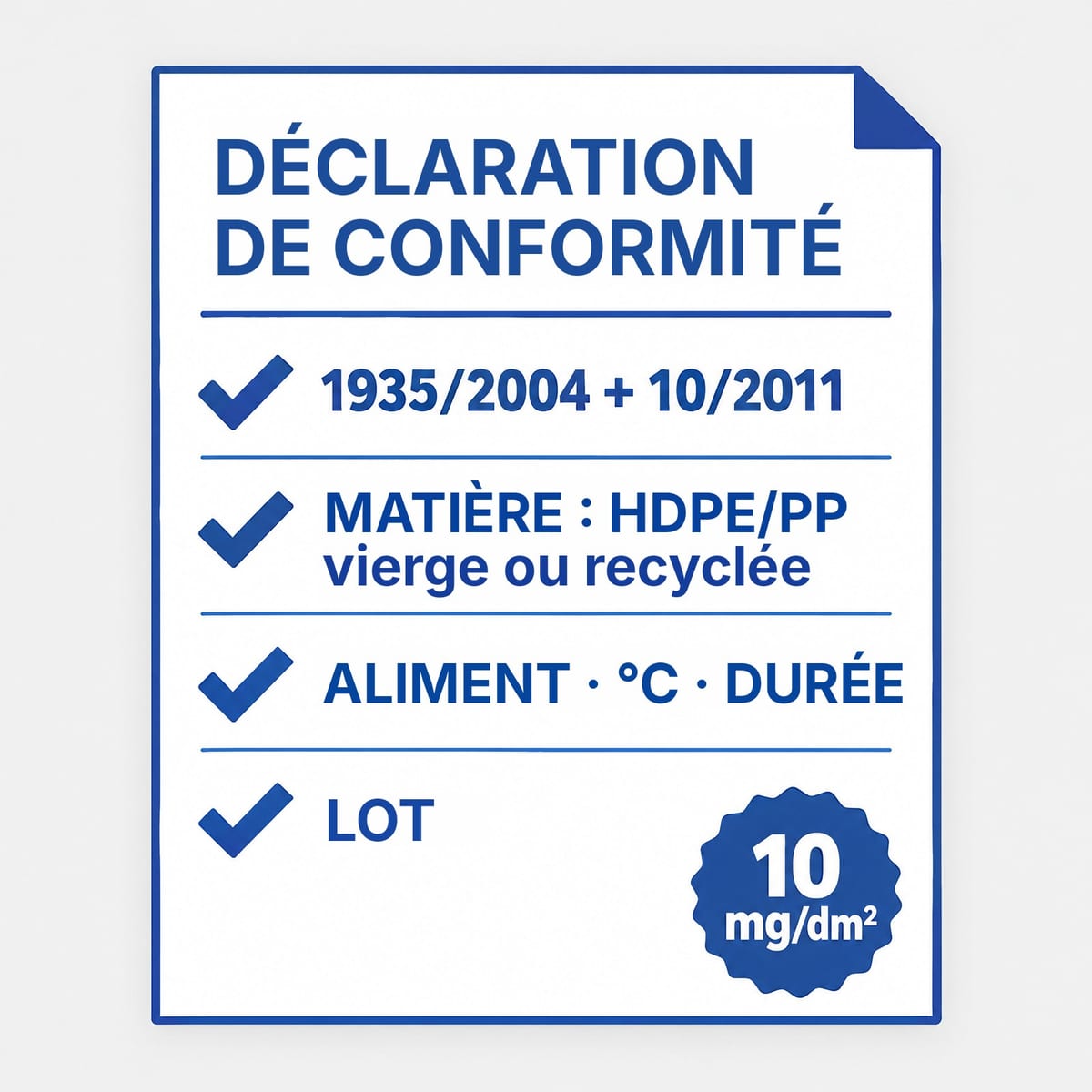 Schéma de la déclaration de conformité d'une palette alimentaire avec les quatre informations à demander au fournisseur