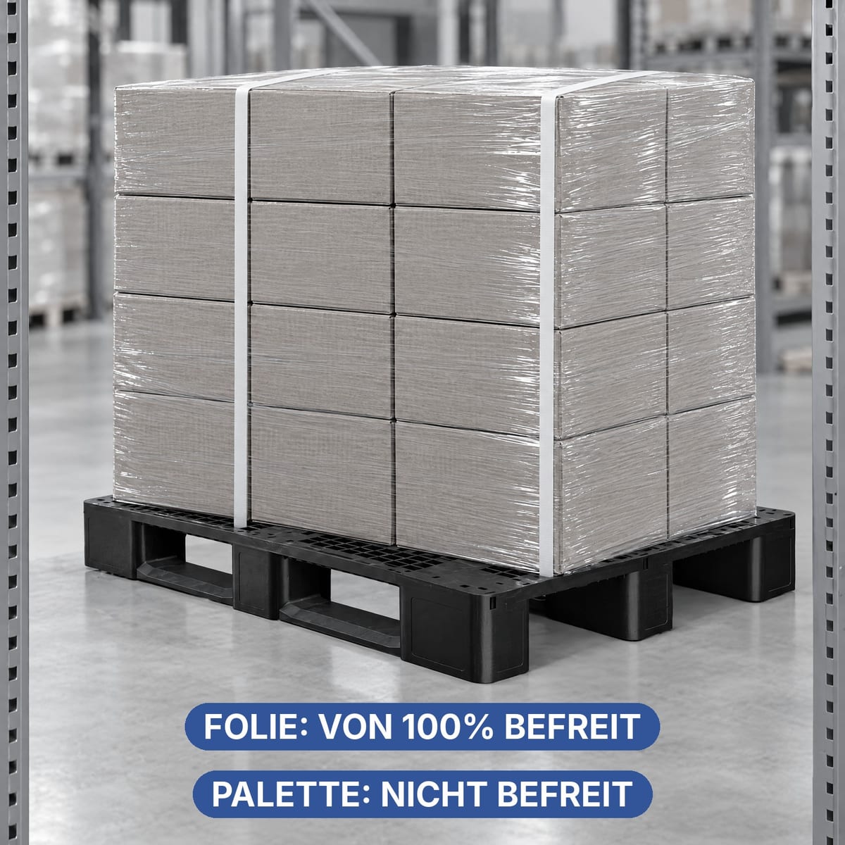 Palette mit Stretchfolie und Umreifungsbändern, die von der 100-%-Pflicht der PPWR ausgenommen sind