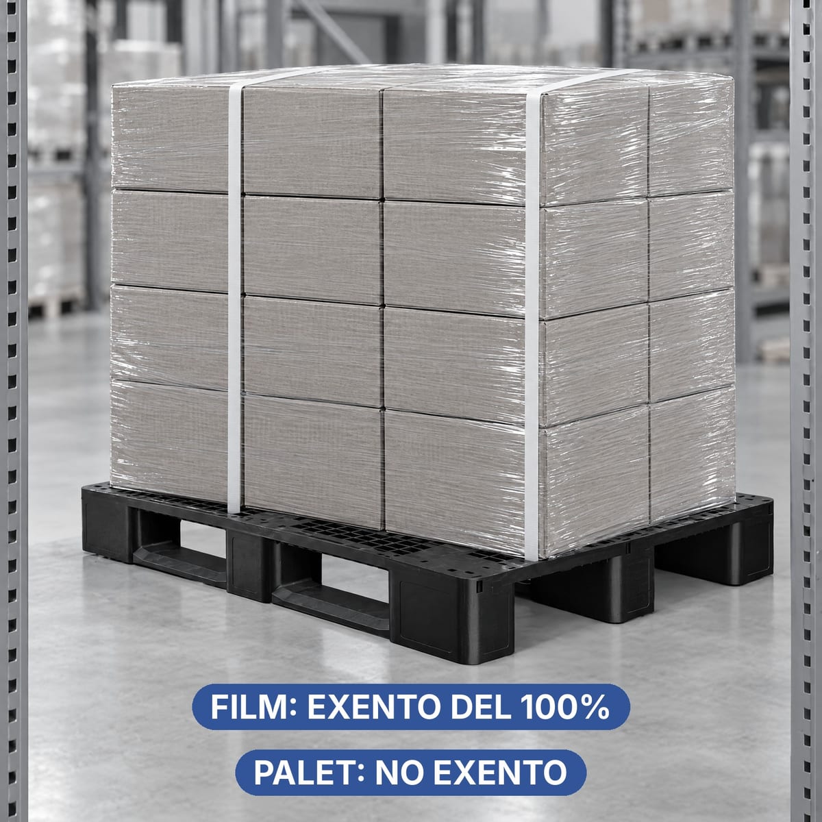 Palet envuelto con film estirable y flejes, exentos de la obligación del 100% del PPWR